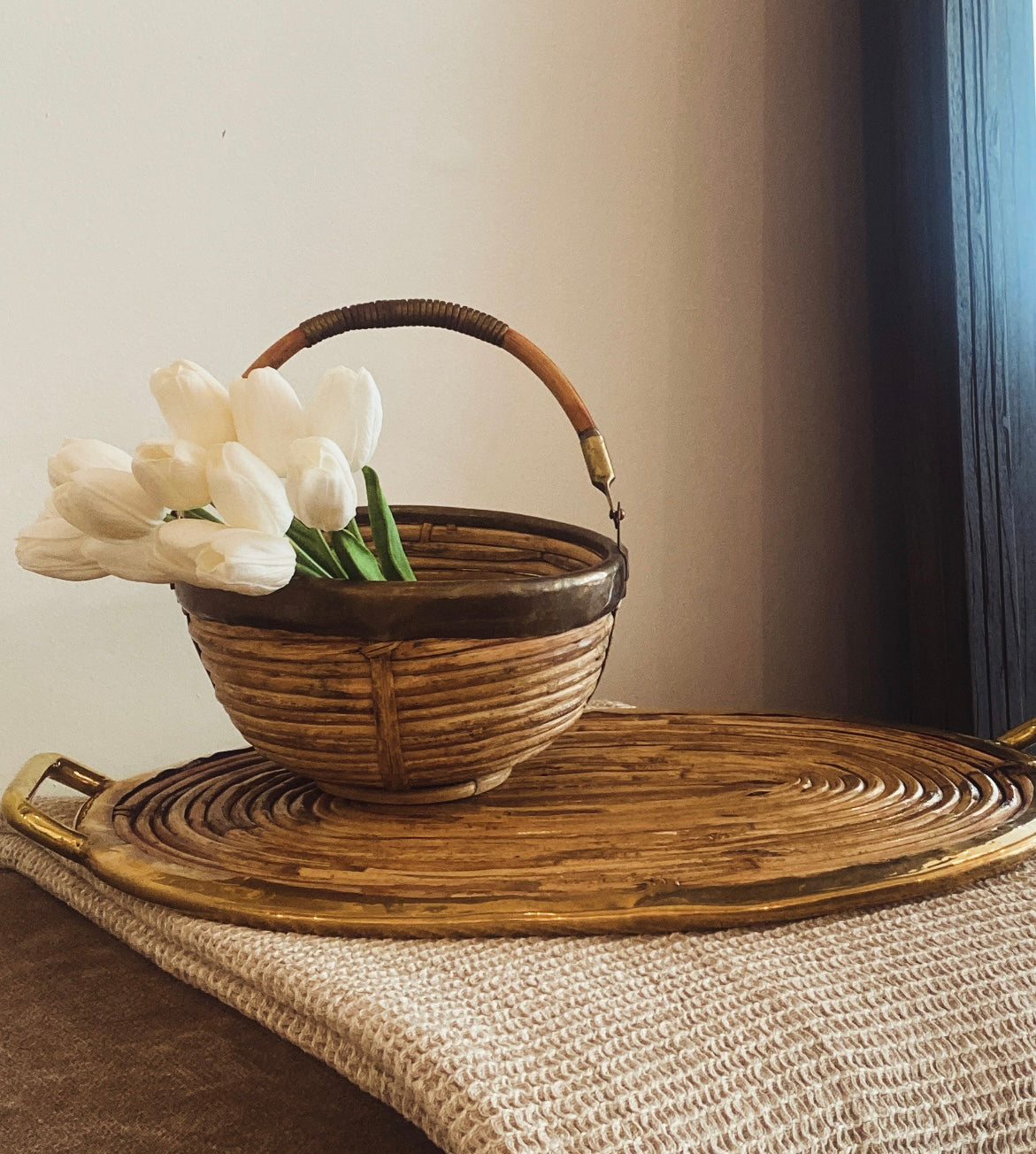 1970’s Gabriella Crespi Style Pencil Reed Rattan Basket with Brass Rim