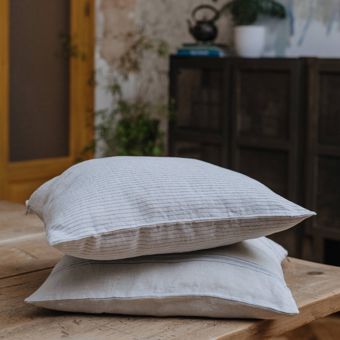 Grey Blue Wide Stripe Rustic Linen Cushion: 20"x20"