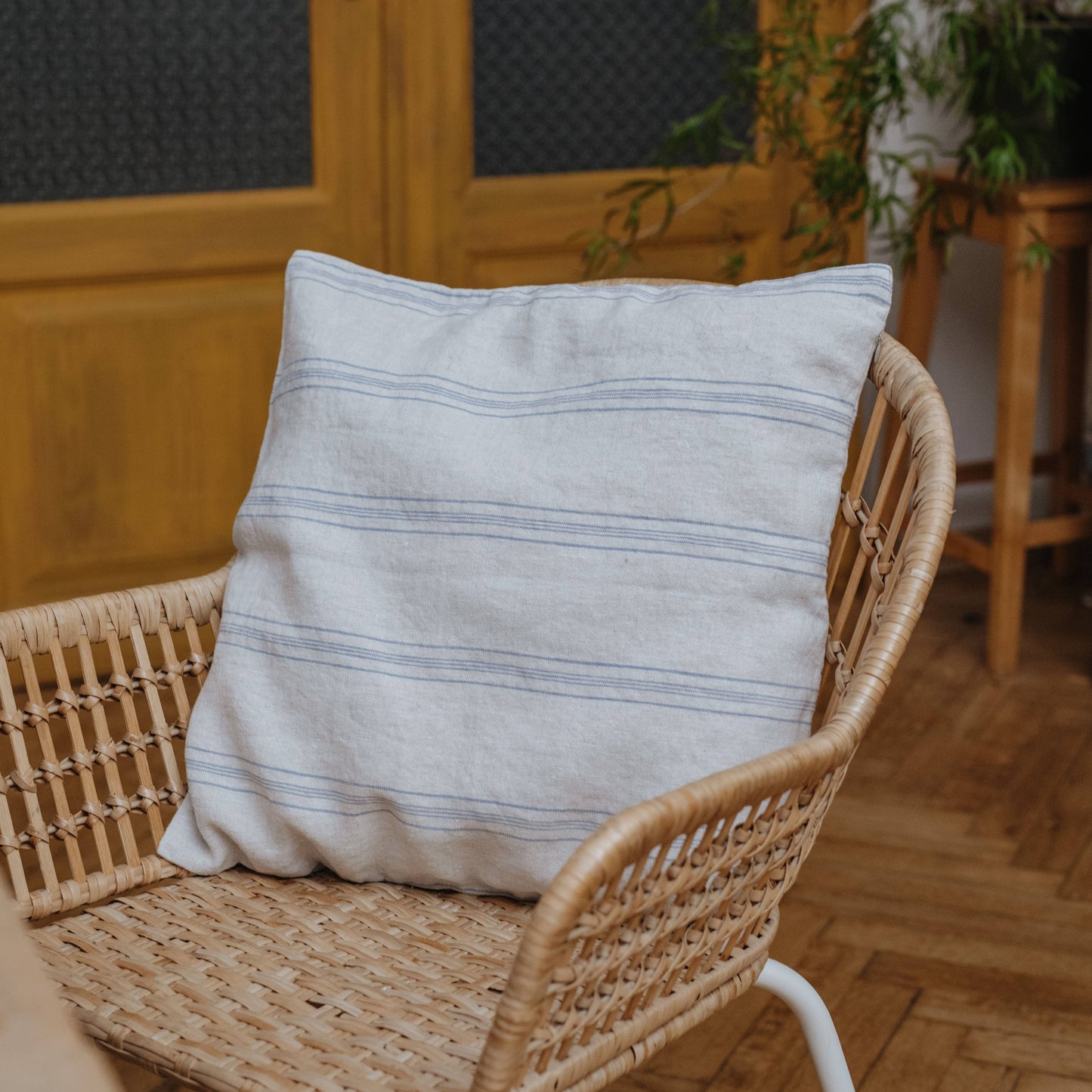 Grey Blue Wide Stripe Rustic Linen Cushion: 20"x20"