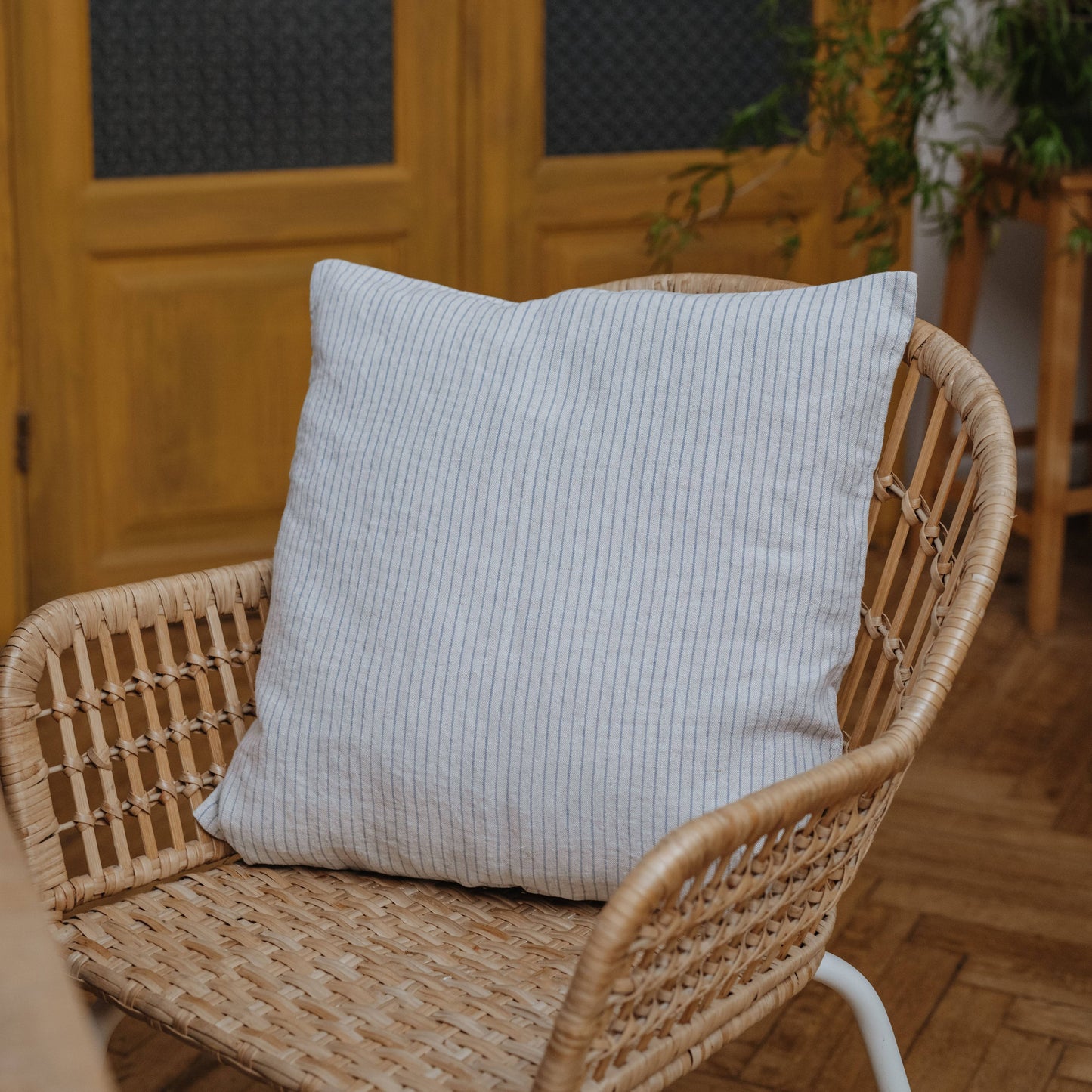 Grey Blue Pinstripe Rustic Linen Cushion:: 20"x20"