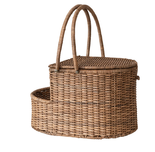 Rattan Wicker Picnic Basket w/ Open Side Compartment & 2 Handles