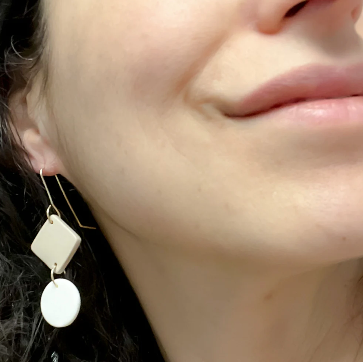 Matte Porcelain Diamod Disc Dangle Earrings