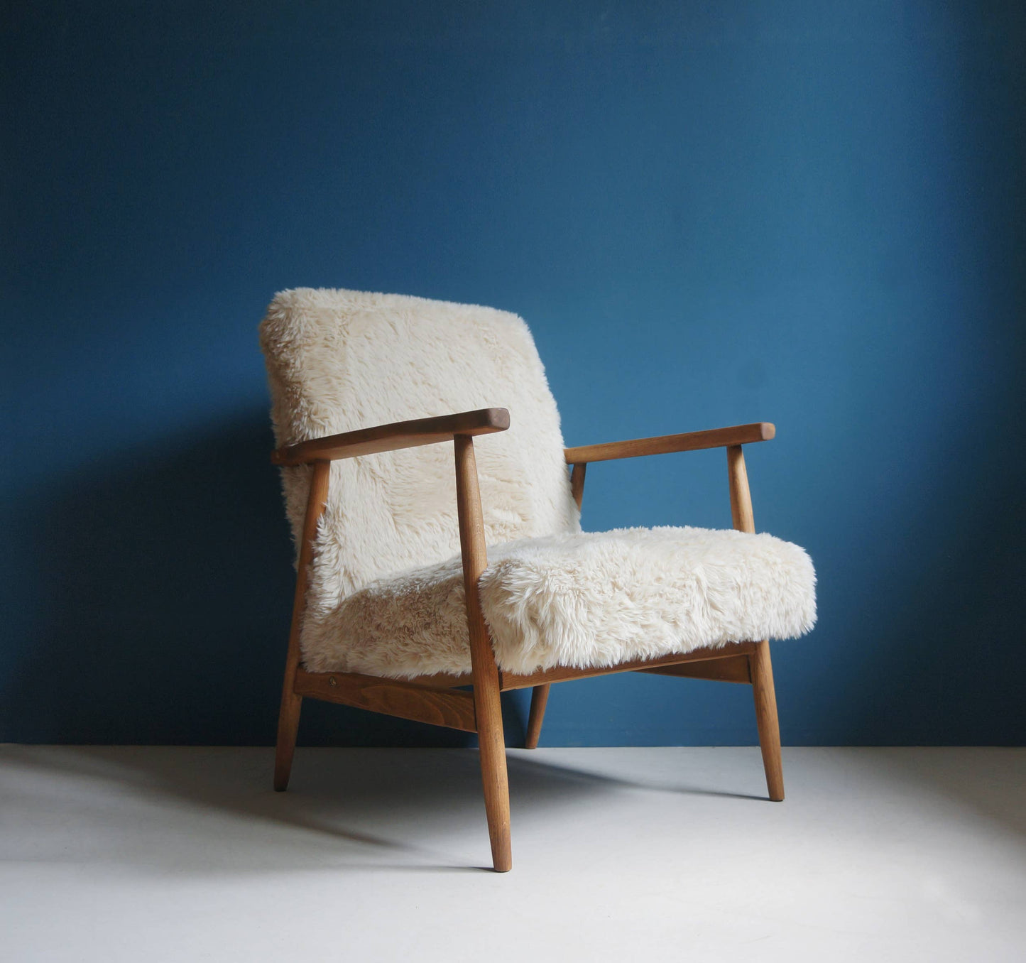 Vintage Armchair Mid-Century Beige Faux Fur Restored
