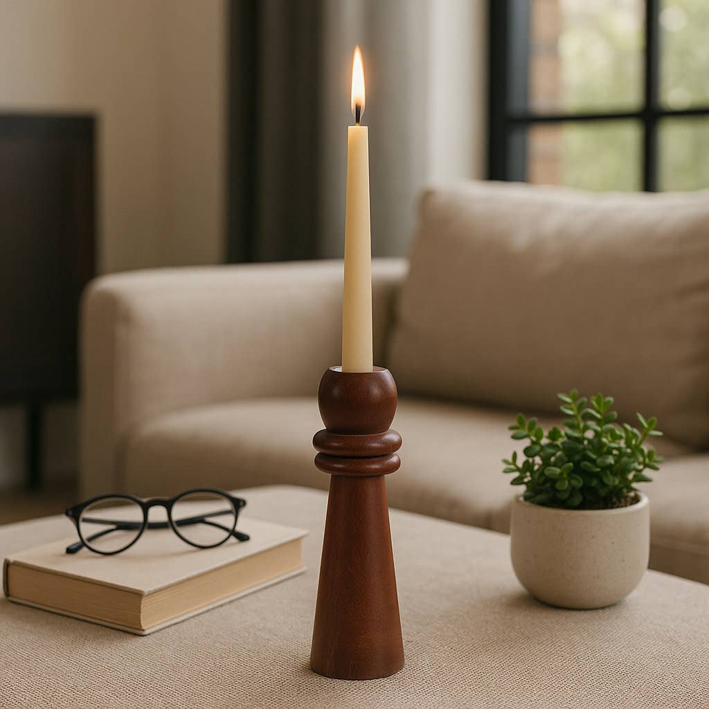 Brown Mango Wood Modern Totem Candle Holder