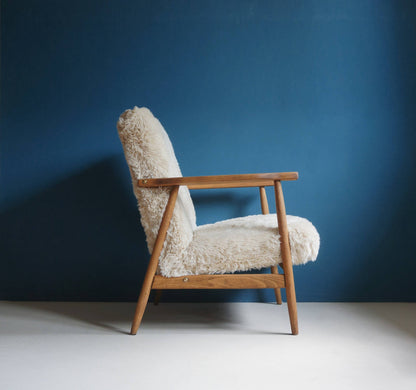 Vintage Armchair Mid-Century Beige Faux Fur Restored