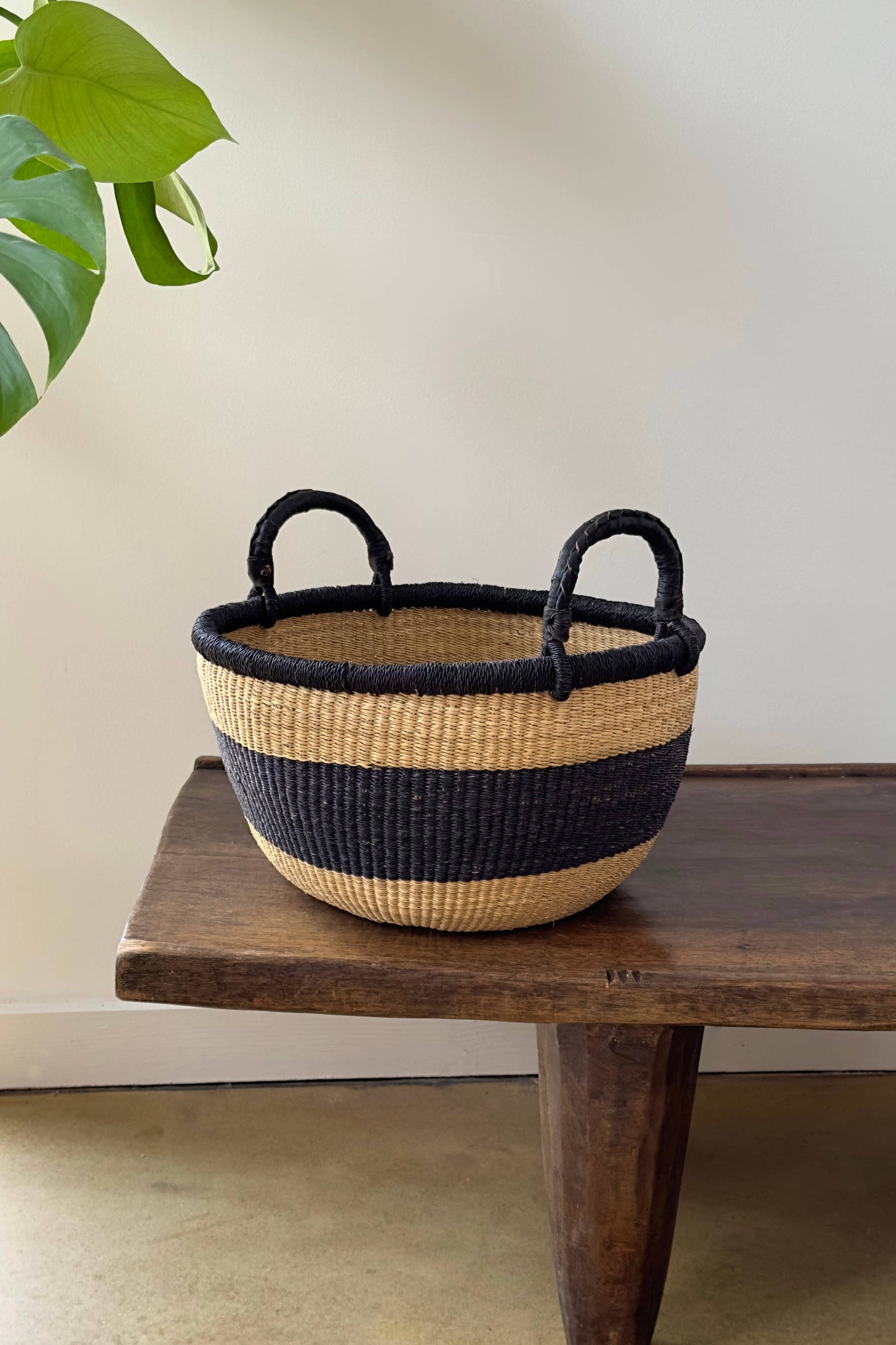 Handwoven African Catch-All Basket – Natural with Black