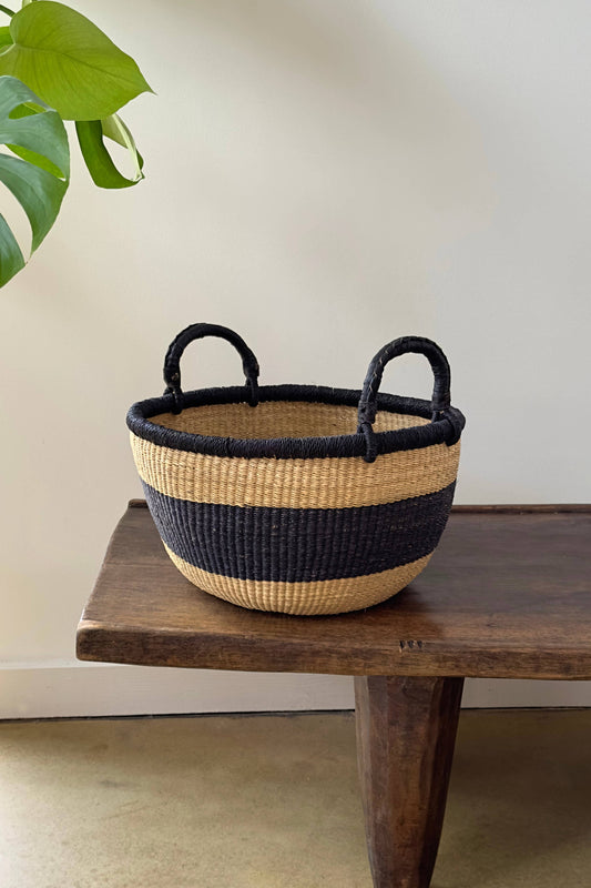 Handwoven African Catch-All Basket – Natural with Black