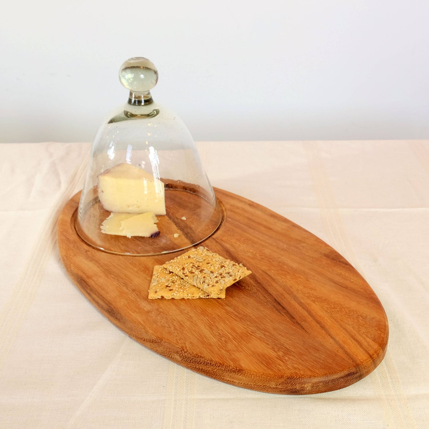 Long Oval Wood Cheese Board with Glass Dome,