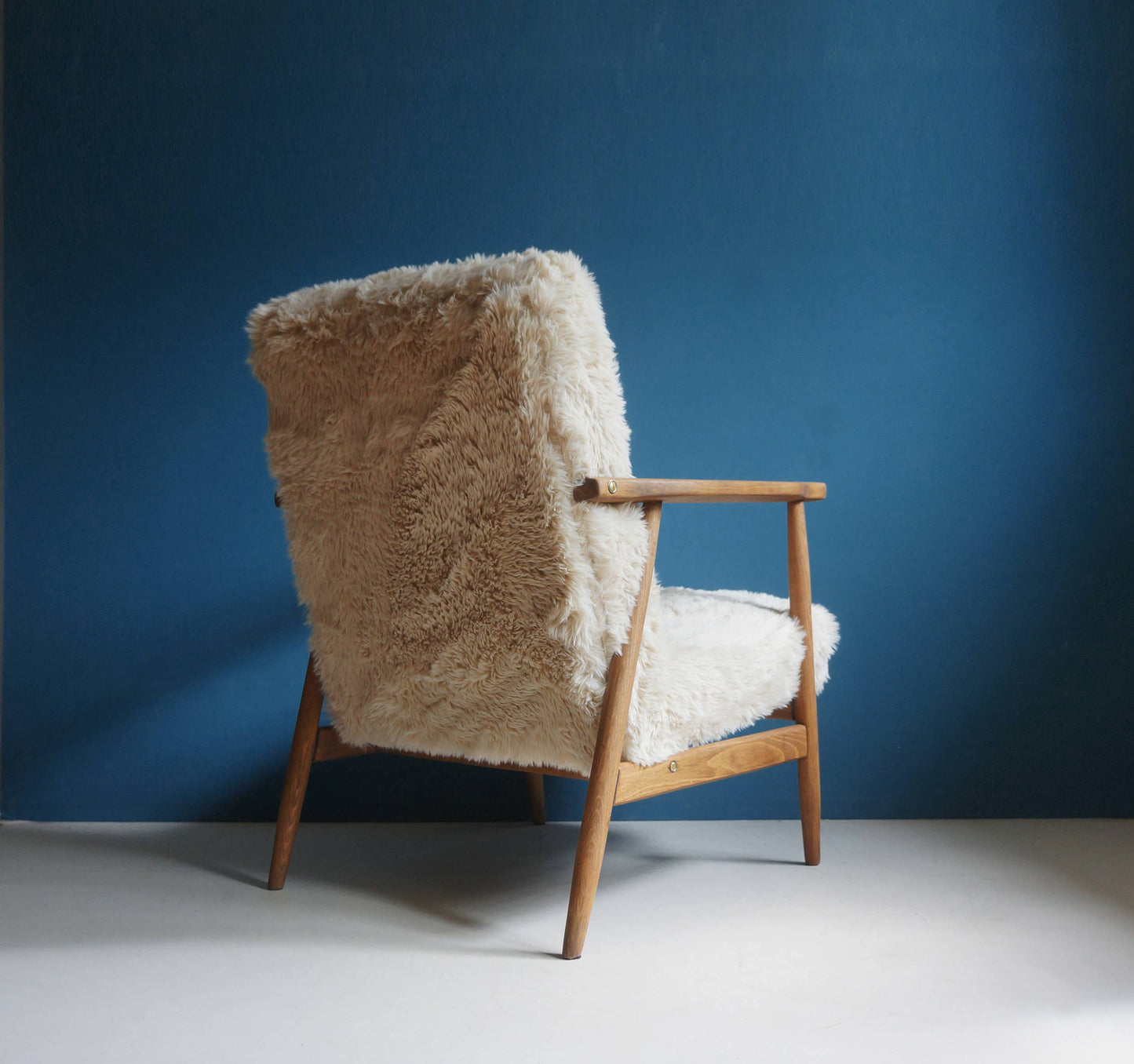 Vintage Armchair Mid-Century Beige Faux Fur Restored