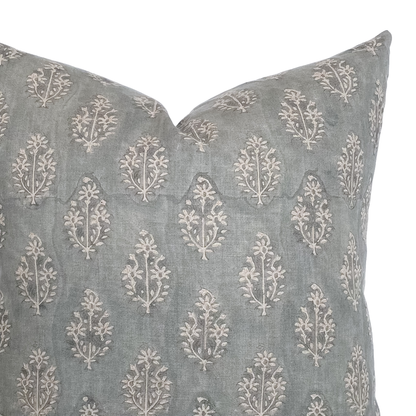 Silas | Muted Blue Floral Handblock Pillow  22x22