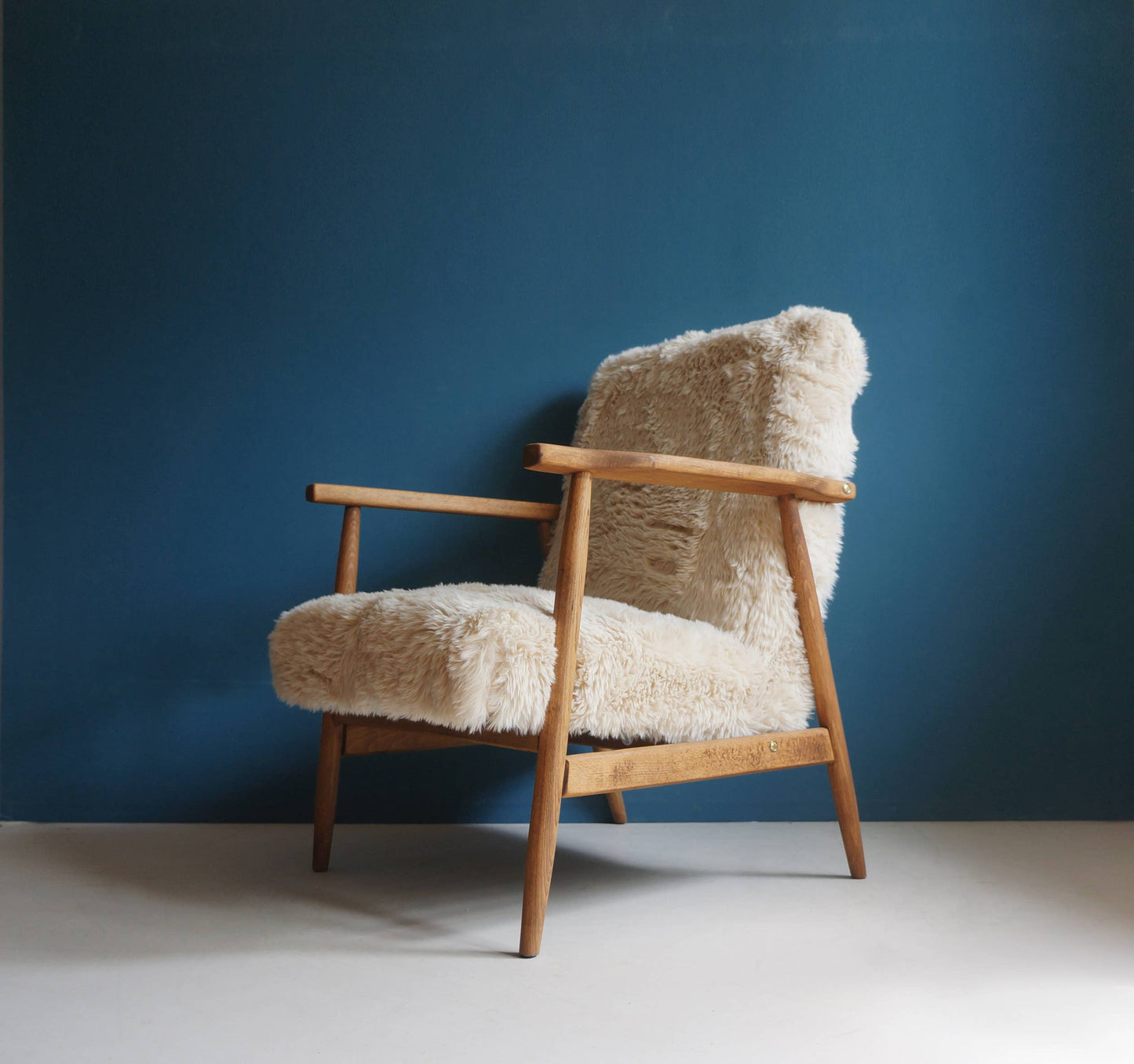 Vintage Armchair Mid-Century Beige Faux Fur Restored
