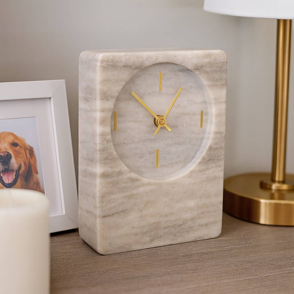 Table Clock - Beige Marble with Brass Details