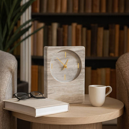 Table Clock - Beige Marble with Brass Details