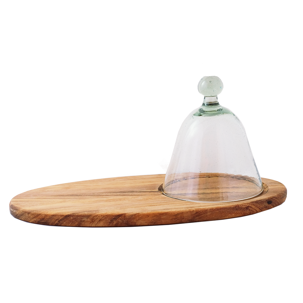 Long Oval Wood Cheese Board with Glass Dome,