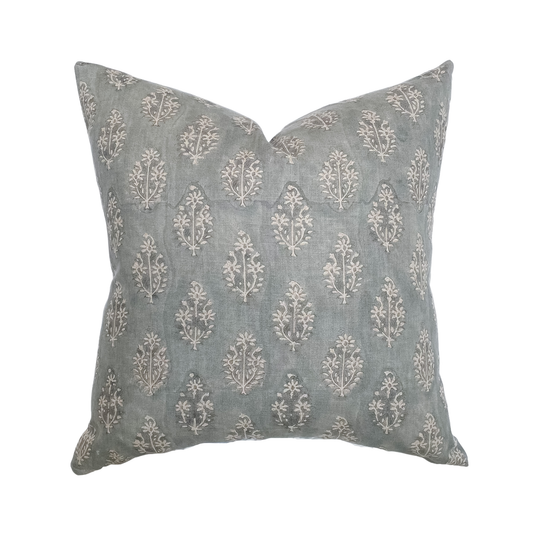 Silas | Muted Blue Floral Handblock Pillow  22x22