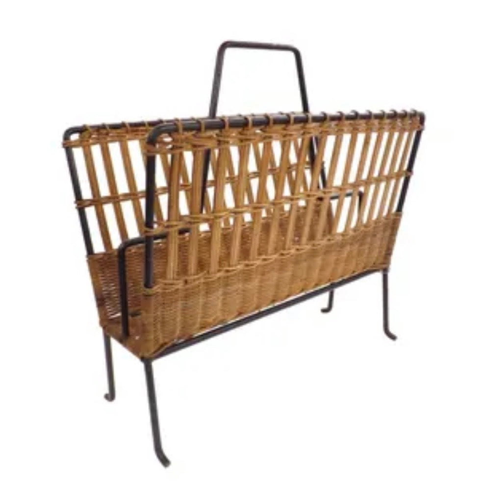 Vintage Raoul Guys Rattan and Metal Magazine Rack