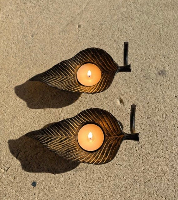 Vintage Metal Leaf tea light Candle Holders with Stem Handles - Set of 2
