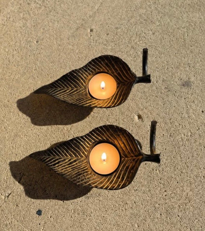 Vintage Metal Leaf tea light Candle Holders with Stem Handles - Set of 2