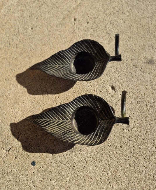 Vintage Metal Leaf tea light Candle Holders with Stem Handles - Set of 2
