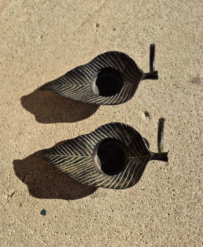 Vintage Metal Leaf tea light Candle Holders with Stem Handles - Set of 2