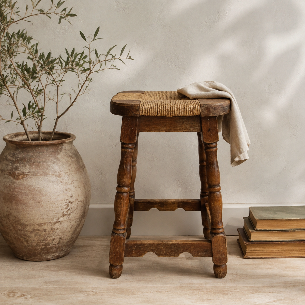 Vintage French Oak and Rush Stool - puck and abby