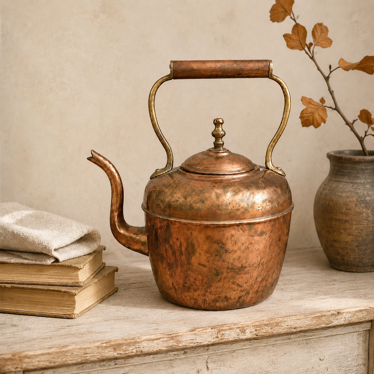 Antique Copper Teakettle w/Brass Accents - puck and abby