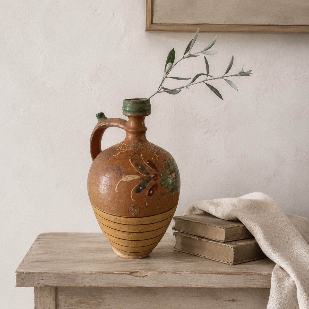 Antique Hungarian Water Jug with Stripe and Floral detailing - puck and abby