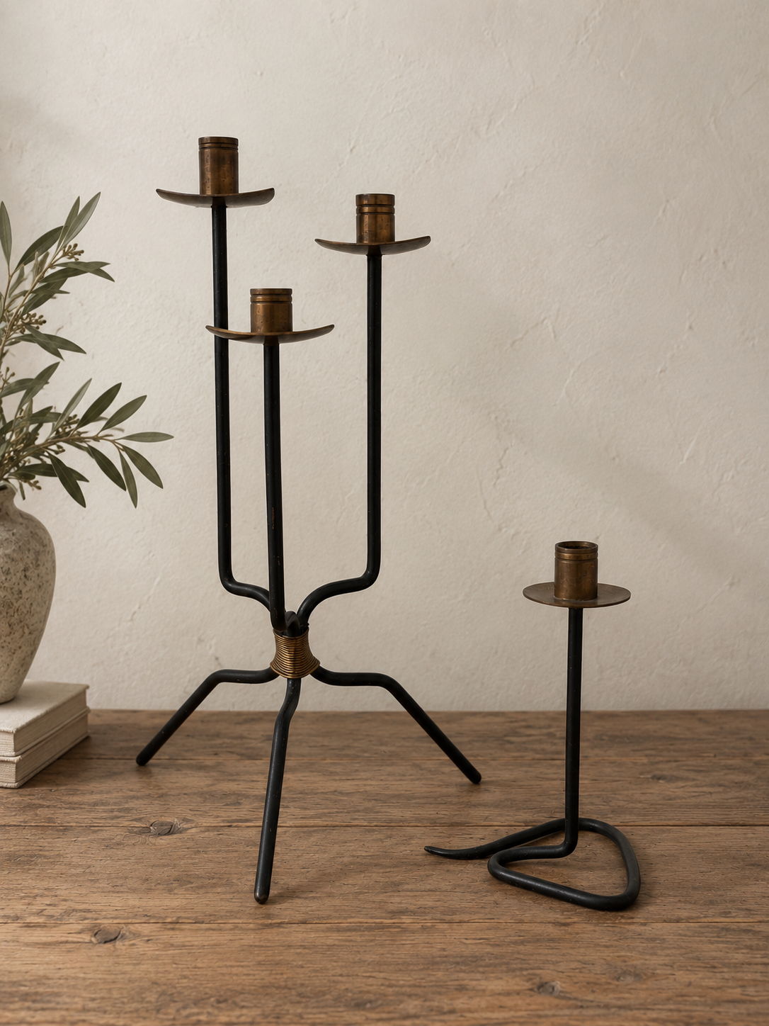 Vintage Swedish Mid-Century Modern Iron and Brass Tri-Pod Candleabra Set