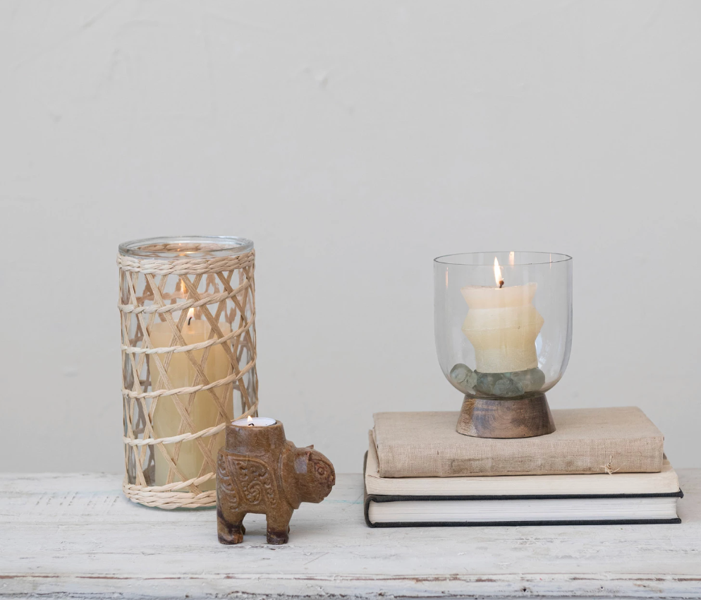 Glass & Mango Wood Footed Vase/Candle Holder