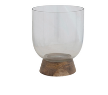 Load image into Gallery viewer, Glass &amp; Mango Wood Footed Vase/Candle Holder
