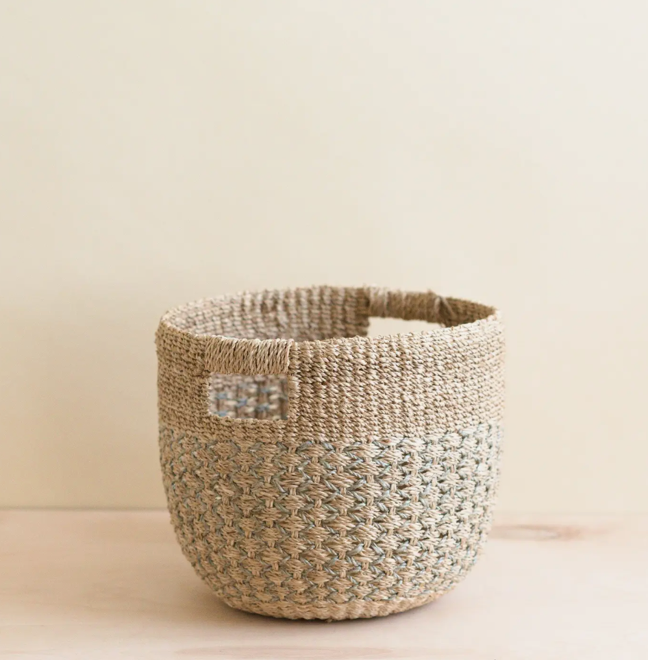 Grey Patterned Round Woven Basket
