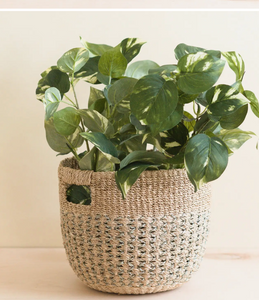 Grey Patterned Round Woven Basket