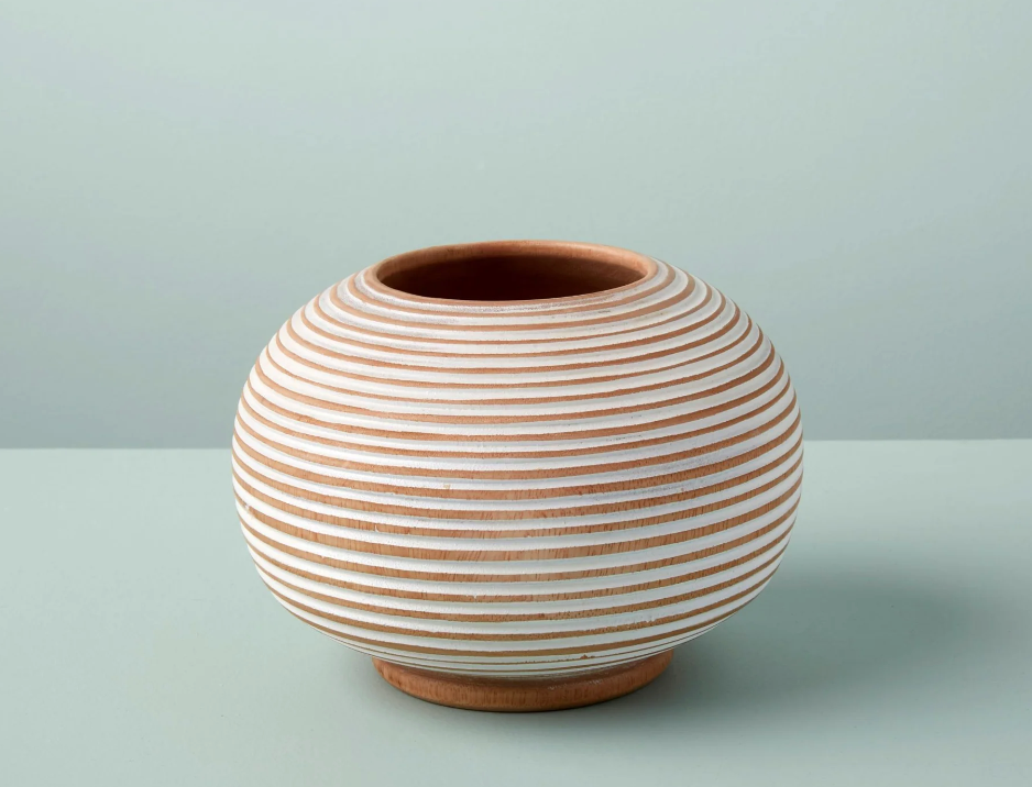 White Striped Kiln Mango Wood Round Vase