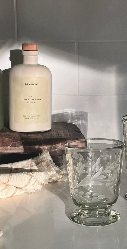 Hand Blown Etched Footed Glass