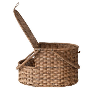 Rattan Wicker Picnic Basket w/ Open Side Compartment & 2 Handles