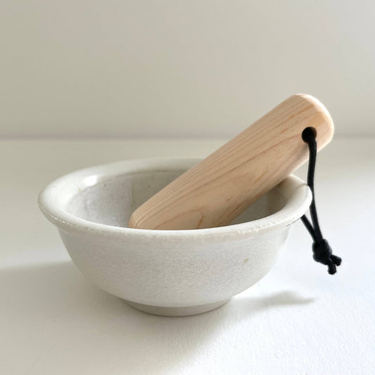 Tiny 3.25" round mortar neutral cream ceramic pottery Japan