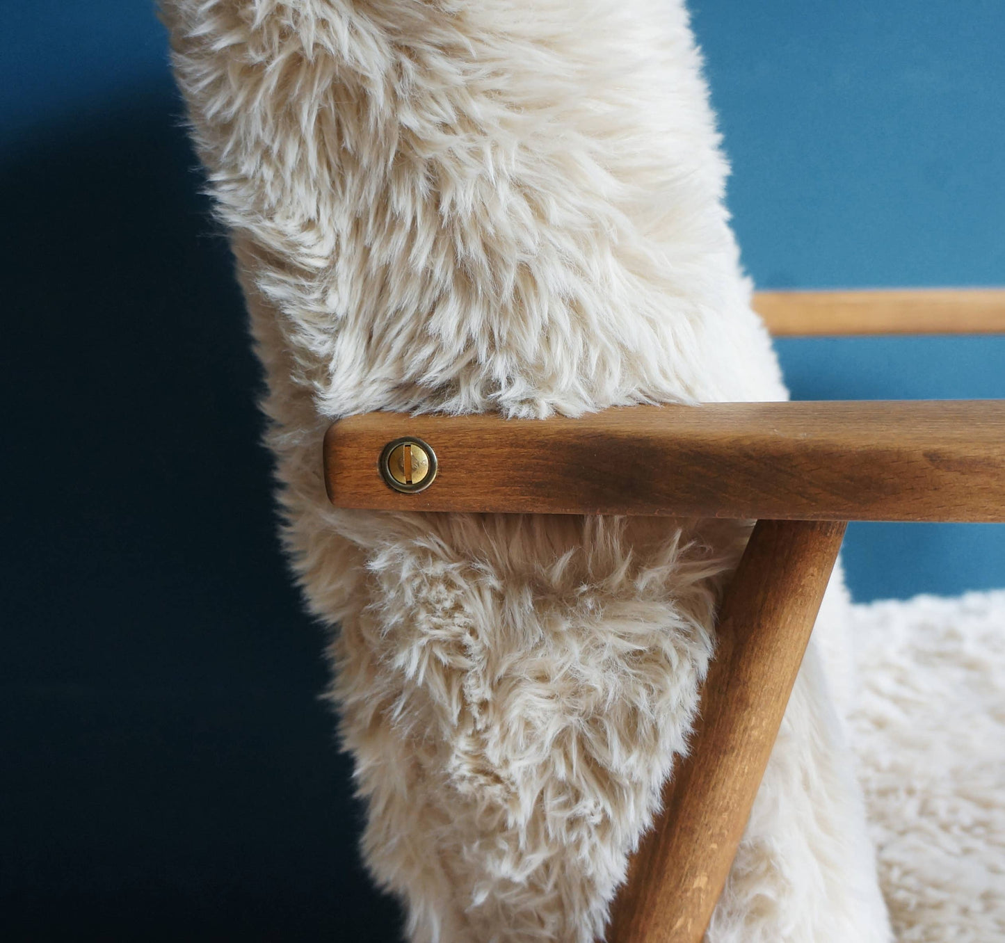 Vintage Armchair Mid-Century Beige Faux Fur Restored