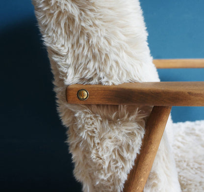 Vintage Armchair Mid-Century Beige Faux Fur Restored