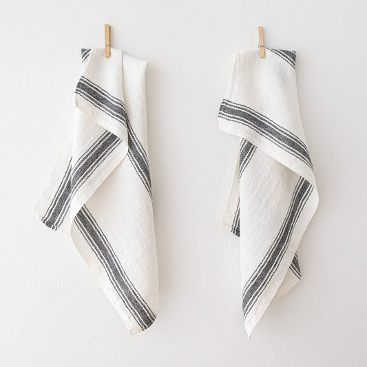 Linen Tea Towels Off White Black Antico - Off White/Black