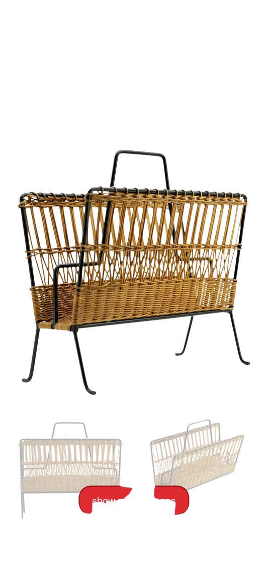 Vintage Raoul Guys Rattan and Metal Magazine Rack