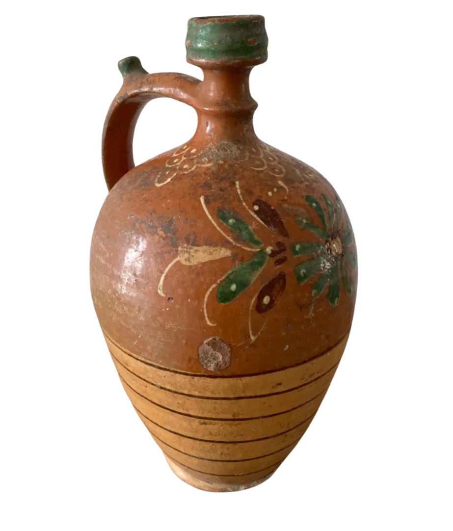 Antique Hungarian Water Jug with Stripe and Floral detailing