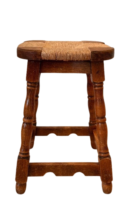 Vintage French Oak and Rush Stool