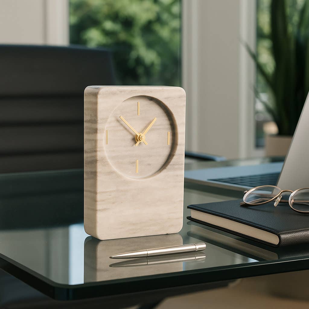 Table Clock - Beige Marble with Brass Details