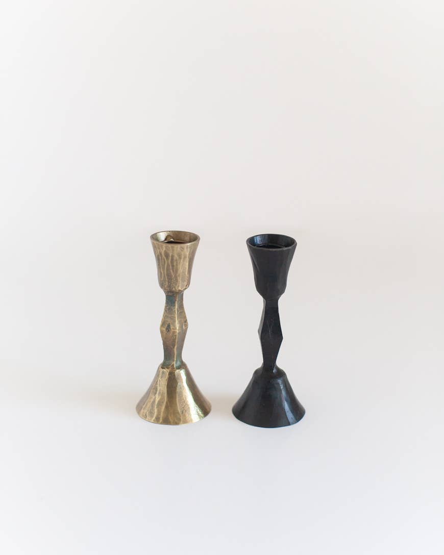 Low Diamond Hand-Forged Iron Candle Stand: Brass Finish