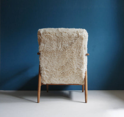 Vintage Armchair Mid-Century Beige Faux Fur Restored
