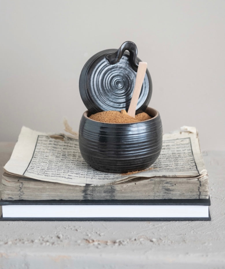Stoneware Jar with Lid and Wood Spoon