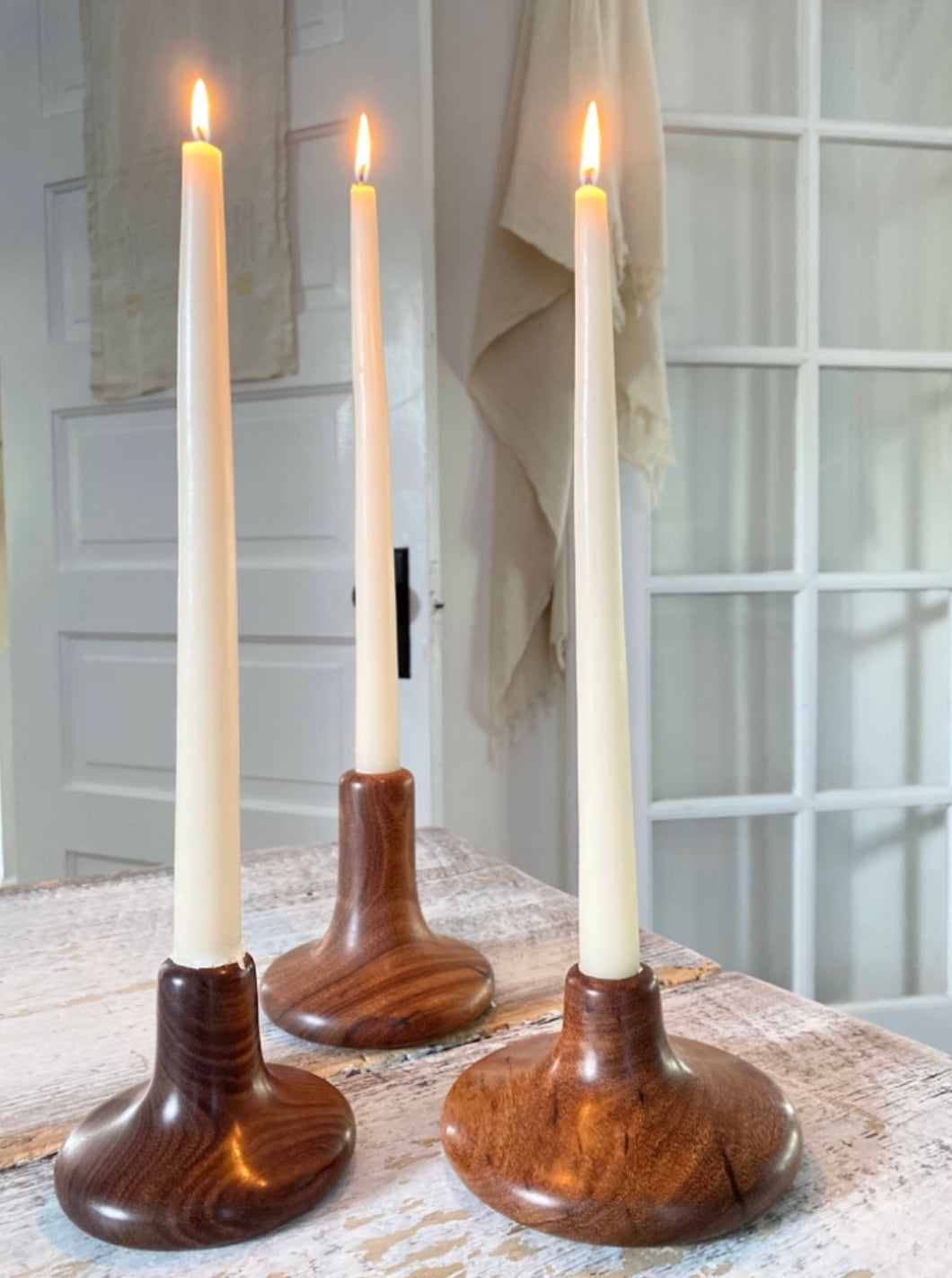 Hand-Carved Taper Candle Holders - Set of 3